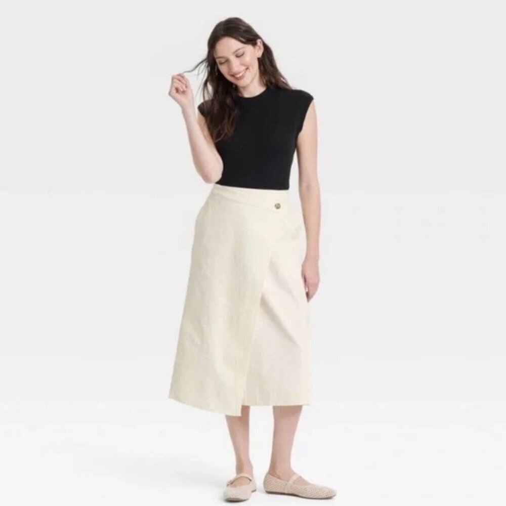 Universal Thread ivory denim asymmetrical wrap midi skirt size 17 B26
